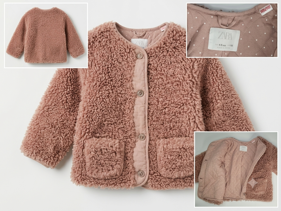 Zara Kids Dusty Rose Faux Sherpa Jacket with Polka Dot Quilted Lining