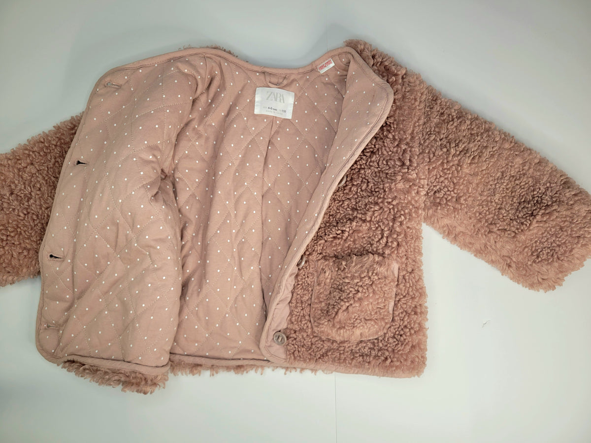 Zara Kids Dusty Rose Faux Sherpa Jacket with Polka Dot Quilted Lining