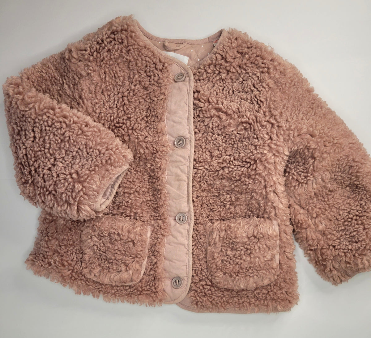 Zara Kids Dusty Rose Faux Sherpa Jacket with Polka Dot Quilted Lining